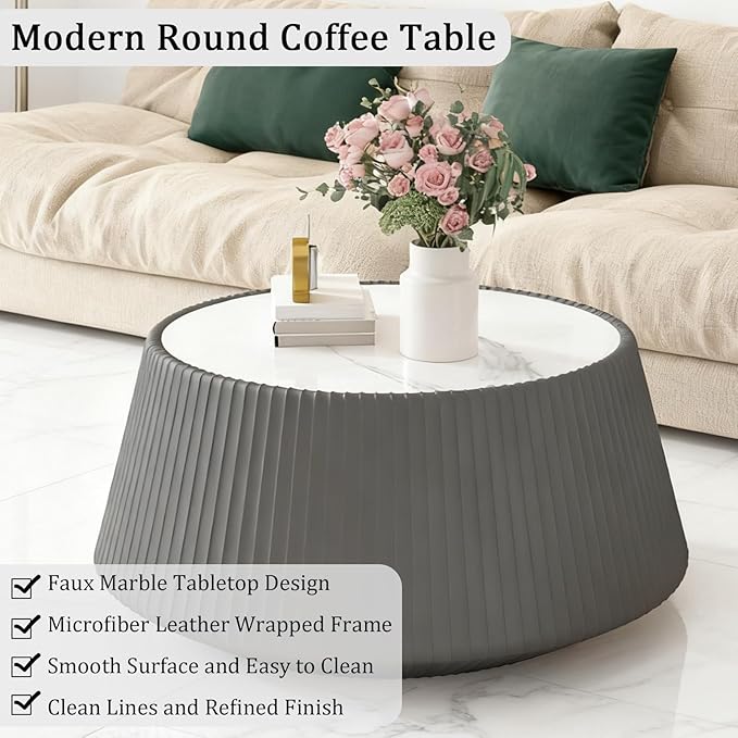Round Living Room Table Set, 26.77" Grey Drum Center Table and 19.68" Grey Coffee Table Set, 2 Pieces Coffee Table Set with Sintered Stone Tabletop, Fluted PU Leather Covered and StableBase