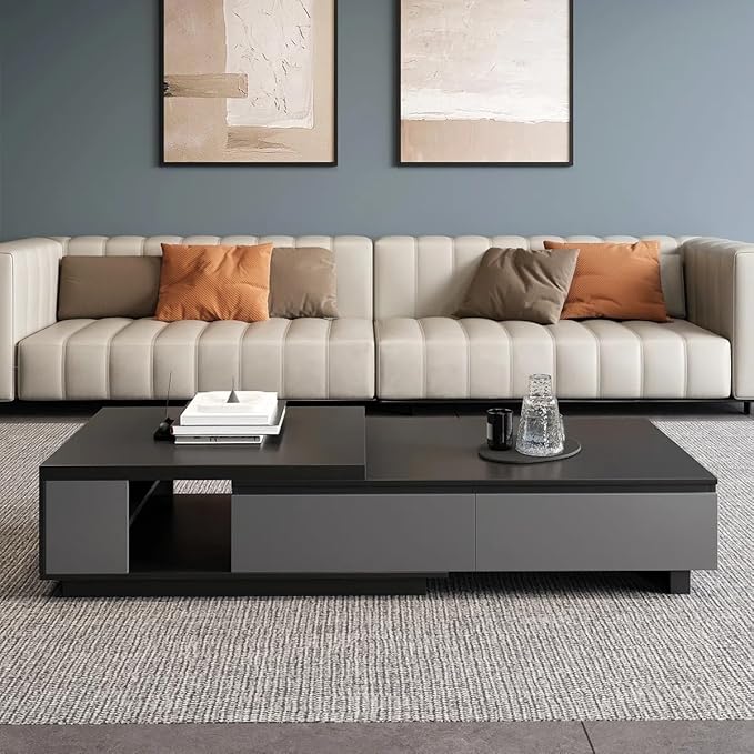 66.14 Inch Coffee Table, Modern Retractable Storage Coffee Table, Rectangular Living Room Table with 4 Drawers Storage for Living Room, Home Office, Black Grey