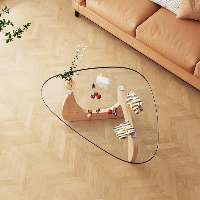 Coffee Tables Glass Small Farmhouse Coffee Table Mid-Century Modern Wood Center Table for Living Room, Original Transparent, 32 Inch