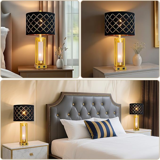 RORIANO Set of 2 Modern Table Lamps for Living Room Bedroom with USB C+A, Rustic Nightstand Lamps with White Night Light, Black Grid Shade, Desk Lamps for Bedside End Tables, 4 Bulbs Included (Gold)