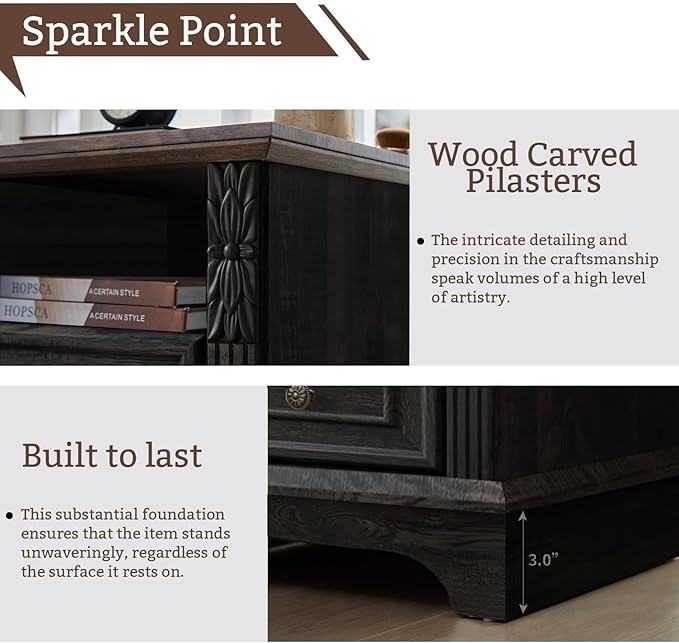 Farmhouse Nightstand wtih Charging Station, 20" End Table with 2 Drawers, Night Stand Side Table Storage Cabinet with Carved Pilasters for Bedroom,Wood Rustic, Black