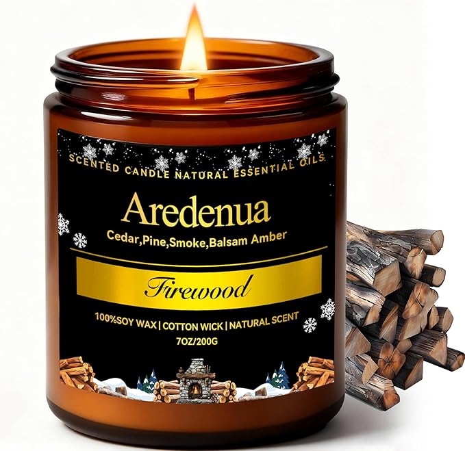 Winter Candles – Firewood Scented Candle | 7oz Soy Candles for Home Cozy Scented, Holiday Aromatherapy Candle | Winter Gifts for Women Men - 50H Clean & Long Lasting Burn
