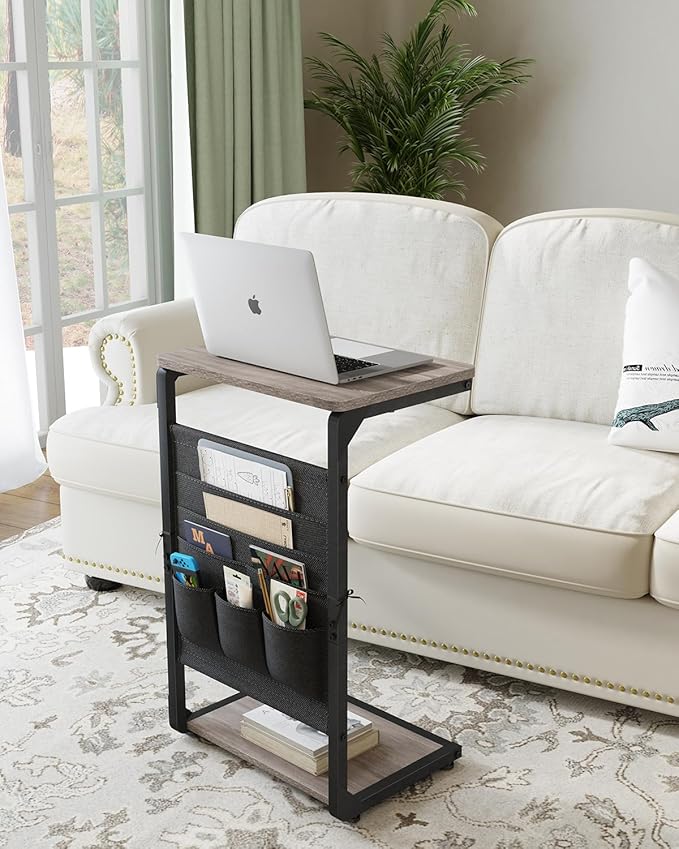 C-Shaped End Table with Storage Bag, Small Couch Side Table, Sofa TV Tray Table for Living Room, Bedroom, Bedside ET-P-GYW1
