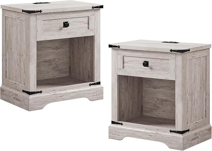 T4TREAM 24" Farmhouse Nightstand with Charging Station Set of 2, Large End Table with Drawer and Open Storage Cabinet, Rustic Wood Bedside Table Sofa Table for Bedroom, Antique Brush White