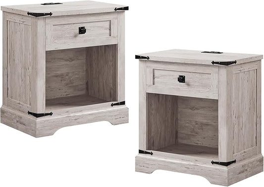 T4TREAM 24" Farmhouse Nightstand with Charging Station Set of 2, Large End Table with Drawer and Open Storage Cabinet, Rustic Wood Bedside Table Sofa Table for Bedroom, Antique Brush White