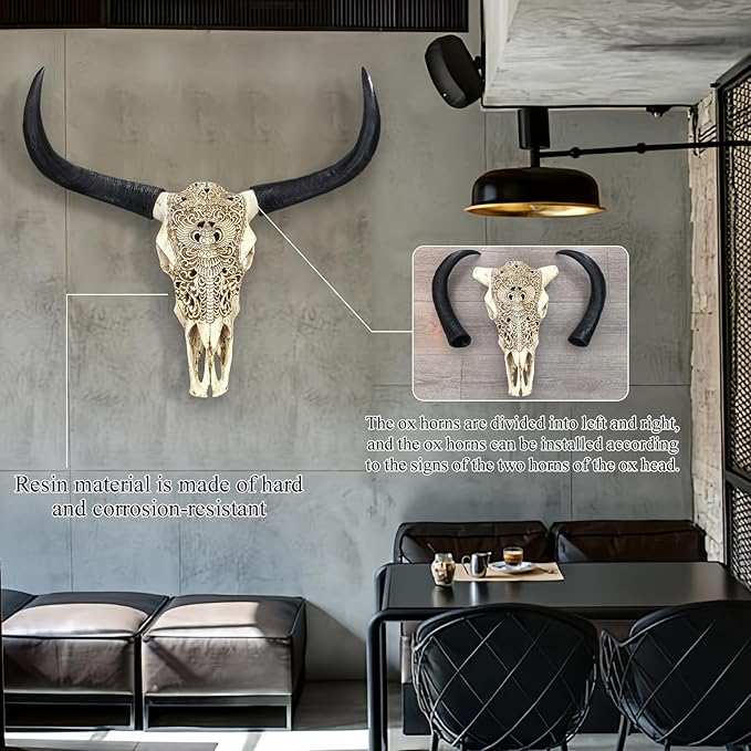 Cow Skull Wall Decor,Long Horn Cow Skull Wall Hanging,Cow Skull Wall Hanging Decor,Faux Taxidermy Head Wall Decor,Simulation Large Bull's Head Boho Style,Decor Wall Sculpture for Home Office (White)