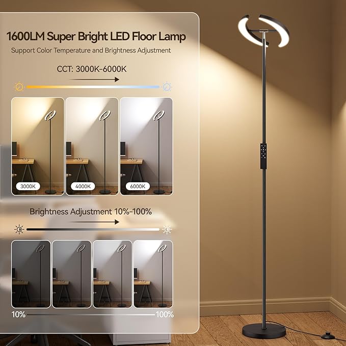 SUNMORY Floor Lamps for Living Room, 28W/1600LM Bright LED Floor Lamp with Remote & 2 Rotatable Lights, 74" Dimmable Tall Standing Lamp, Modern Reading Torchiere Corner Lamp for Bedroom Office, Black