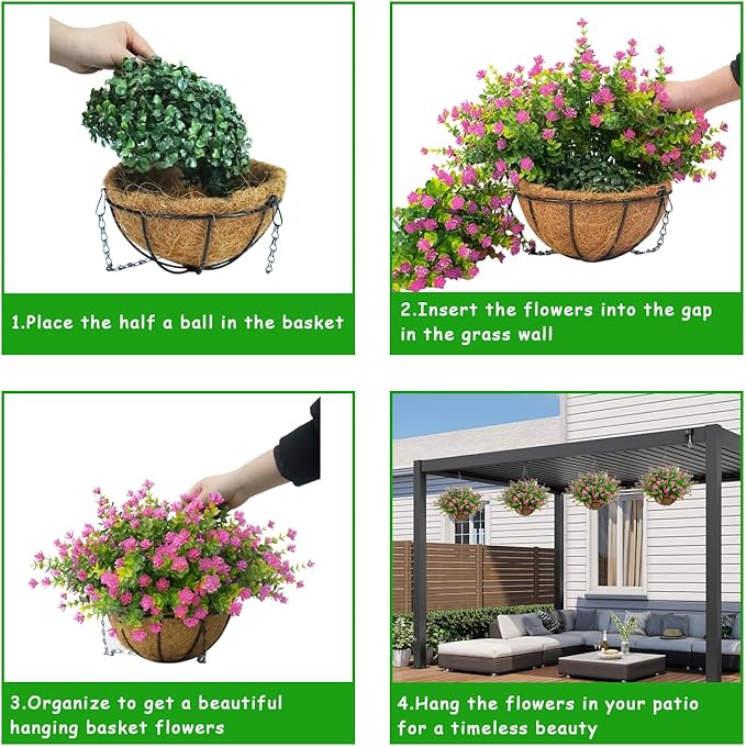Artificial Hanging Plants Flowers with Basket 2 Packs, Artificial Hanging Flowers for Outdoors, Faux Hanging Plants Outdoor, Pink Fake Flowers, Pink&Pink