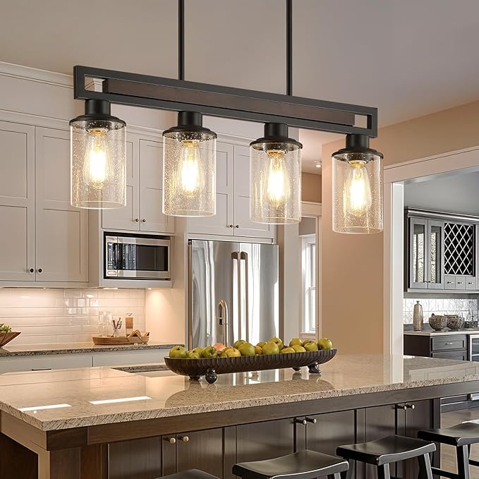 Farmhouse Dining Room Light Fixture, 4-Light Wood Kitchen Island Lighting for Dining Room Over Table, Black Adjustable Pendant Light with Seeded Glass Shades, Linear Chandeliers Lighting for Kitchen