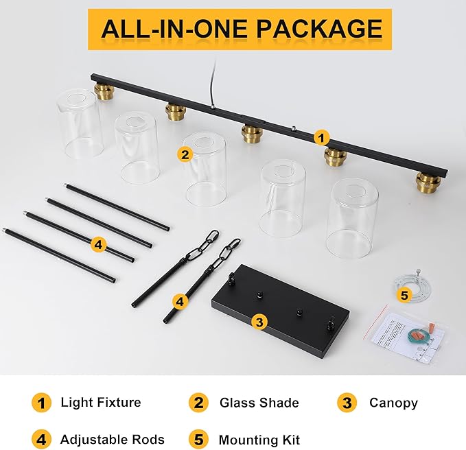 Island Light for Kitchen, Black and Gold Dining Room Light Fixture Over Table, 5-Light Linear Chandelier Pendant Lighting for Dining Table Kitchen Island Living Room