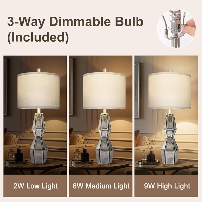 28" Vintage Table Lamps for Bedroom,Antique Bedside Lamp for Living Room with USB A+C Ports,Glass Table Lamps with Linen Shade,3-Way Dimmable Bulb,Nightstand Lamp for Home Hotel Office(Bulb Included)