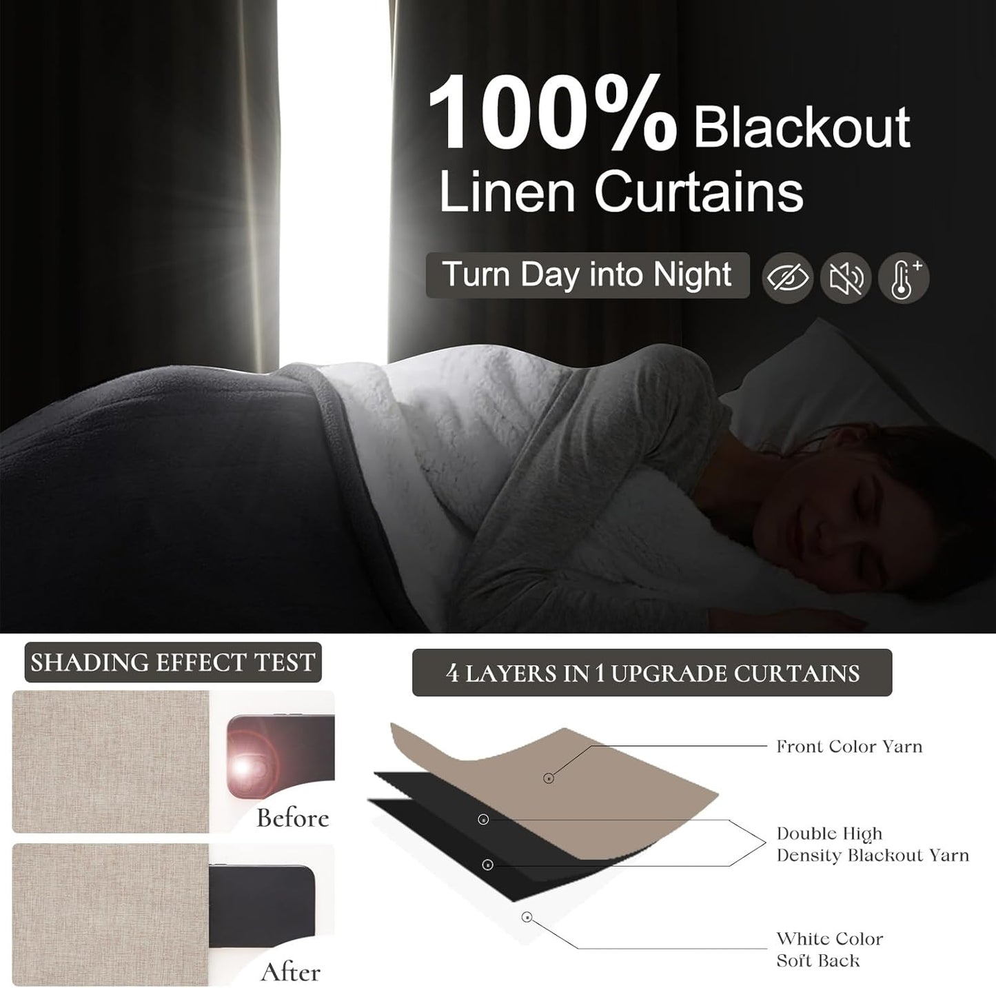 Thick Linen Blackout Curtains 105 Inches Long 2 Panels Set, Custom Length Heat/Draft Blocking Back Tab&Pinch Pleated Neutral Large Window Drapes for Office at Home Living Room Bedroom, W40"xL105"