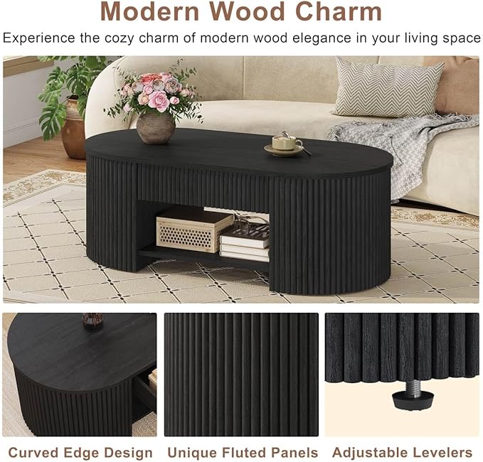 FATORRI Coffee Table for Living Room Storage, Modern Wood Fluted Center Table with Drawer, Mid-Century Oval Living Room Tables with Shelf (Black, 43.31 Inch)