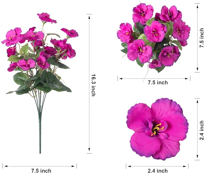 Hibiscus Artificial Flowers Plants for Outdoors Decor, 6 Bundles Silk Hibiscus Bouquet Tropical Flowers Artificial Realistic UV Resistant Fake Flowers for Outside Planter Porch Patio Balcony, Fuchsia