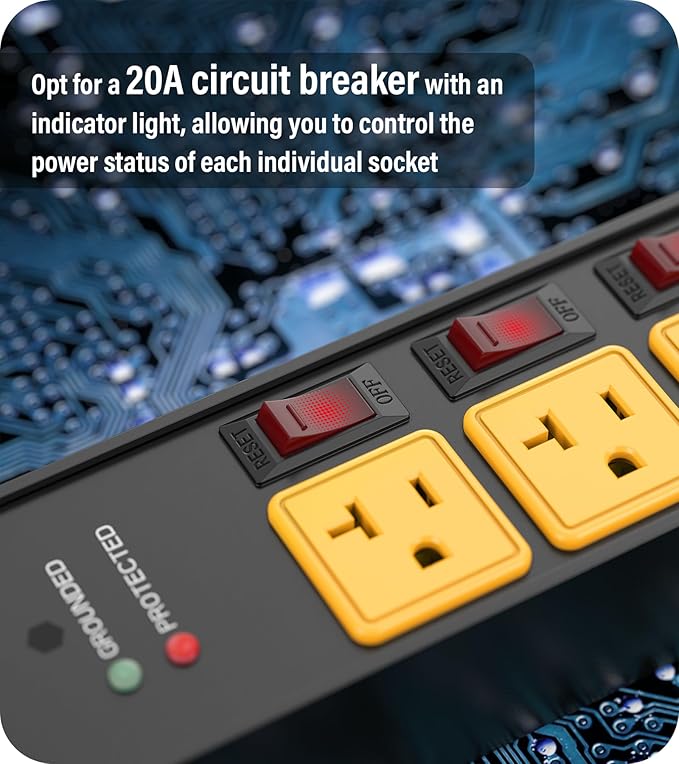CCCEI Heavy Duty Surge Protector Power Strip 20 Amp Individual Switches. 20FT 12 Gauge Extension Cord with Multiple Outlets. Kitchen, Garage, Shop, Industrial Wall Mount Electric Extender, Yellow.
