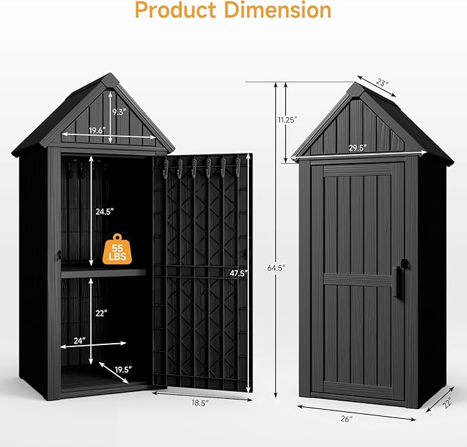 Outdoor Resin Storage Shed, Outdoor Storage Cabinet Waterproof with Hooks and Lock Ring, Multifunctional Storage Shed with Floor and Removable Shelves, All Weather Tool Shed for Patio, Lawn, Gray