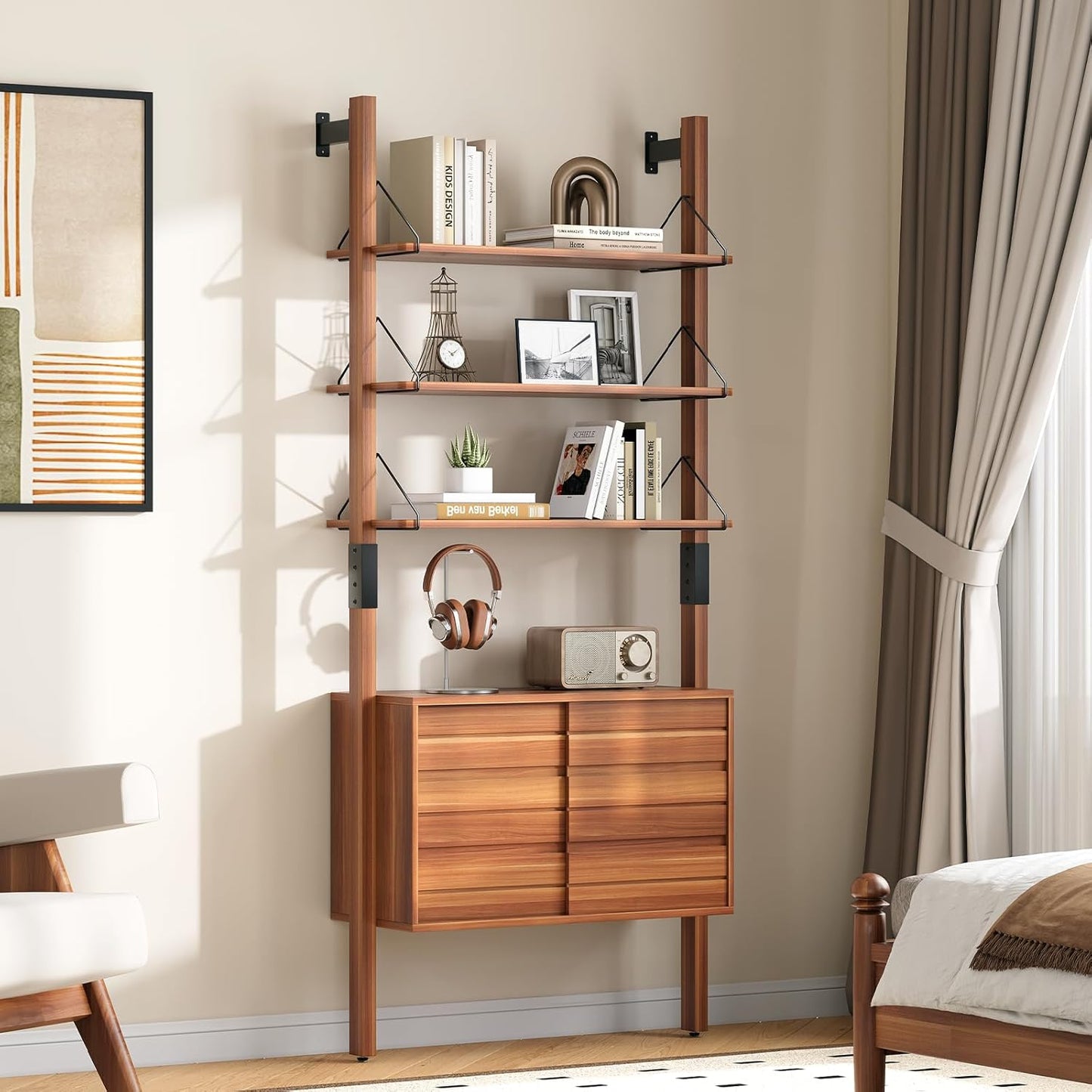 Ladder Bookshelf with Storage Cabinet, Mid Century Modern Wall Mounted Bookcase with Wood and Metal Frame, 6 Tier Open Display Shelves for Living Room, Bedroom, Home Office, Cherry