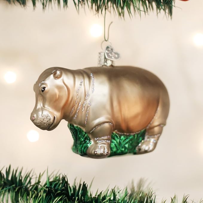 Old World Christmas Grey Hippopotamus Glass Blown Ornament for Christmas Tree, Handcrafted Holiday Decoration, Wildlife Animal Collection