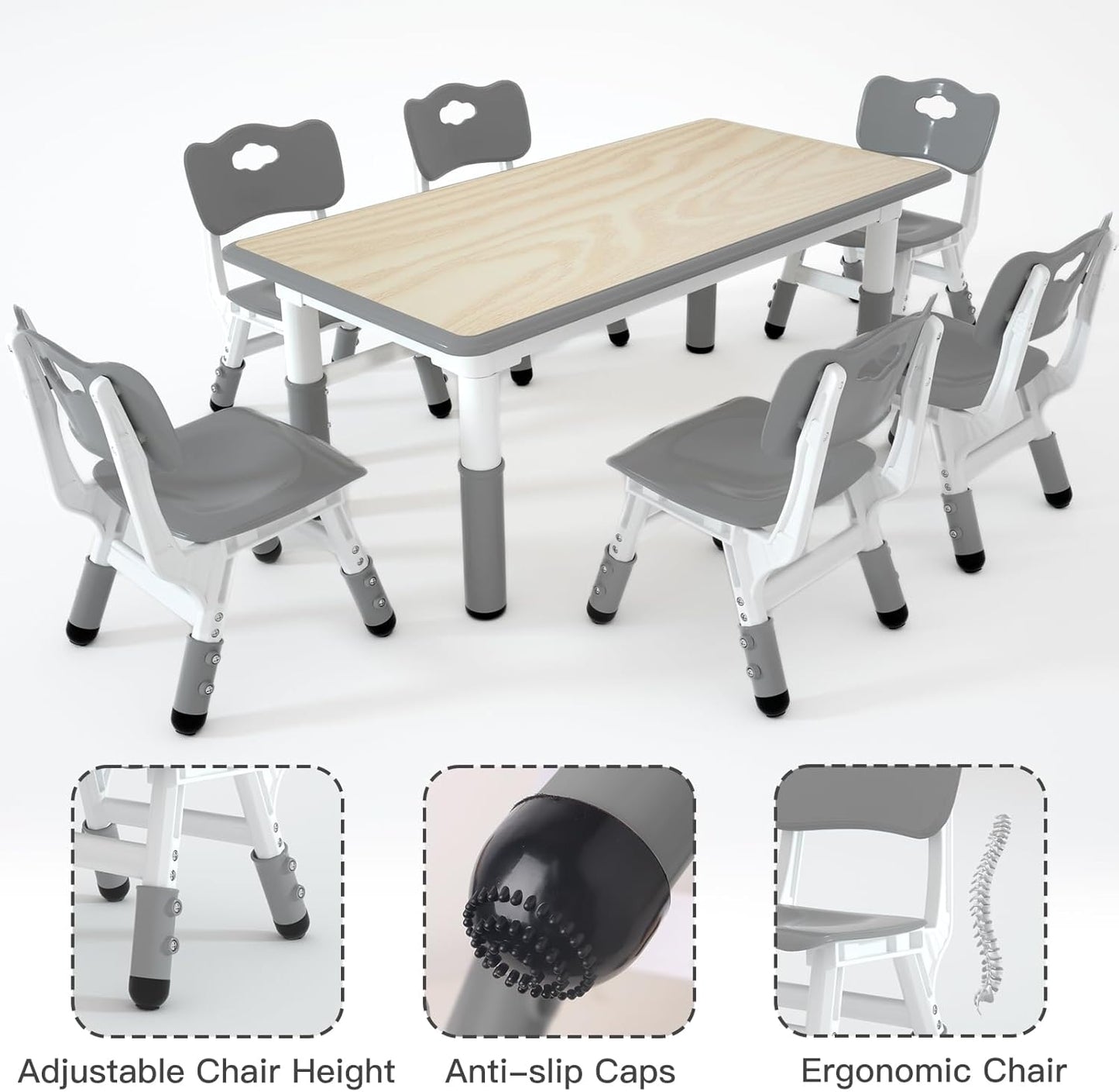 Kids Study Table and 6 Chairs Set,Height Adjustable Table and Chairs for Children and Toddlers,47.2"X23.6"Graffiti Desktop,Suitable for Daycare,Classrooms, Home