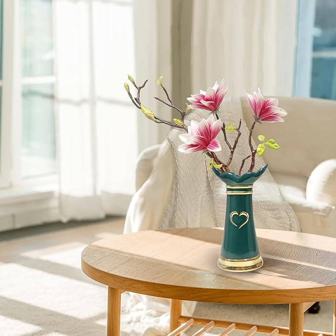 LoveLin Artificial Flowers Pink with Ceramic Vase - Ready-to-Display Home Decor Indoor for Living Room, Dining Table, Office, Wedding & Housewarming, Magnolia Flower & Green Vase