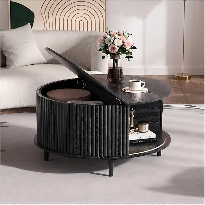 Round Coffee Table with Storage, Mid Century Modern Center Table with Sliding Cabinet Door, Fluted Dining Table for Living Room, Home Small Space, 31.5", Black