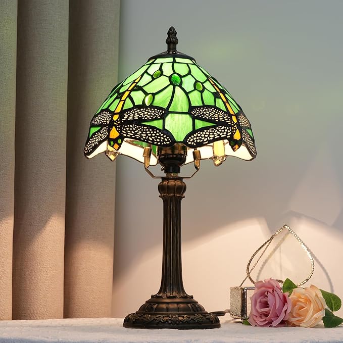 Tiffany Lamp Green Dragonfly Stained Glass Table Lamp 8X8X14 Inches Green Dragonfly Style Desk Reading Light Decor Beside Bedroom Living Room Home (H1057-Green Dragonfly)