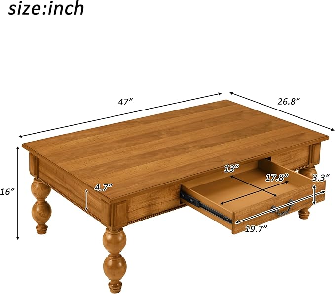 Amposei Retro Wooden Coffee Table 47’’ Vintage Cocktail Center Table with 1 Storage Drawer & Solid Wood Legs for Living Room, No Assembly, Natural