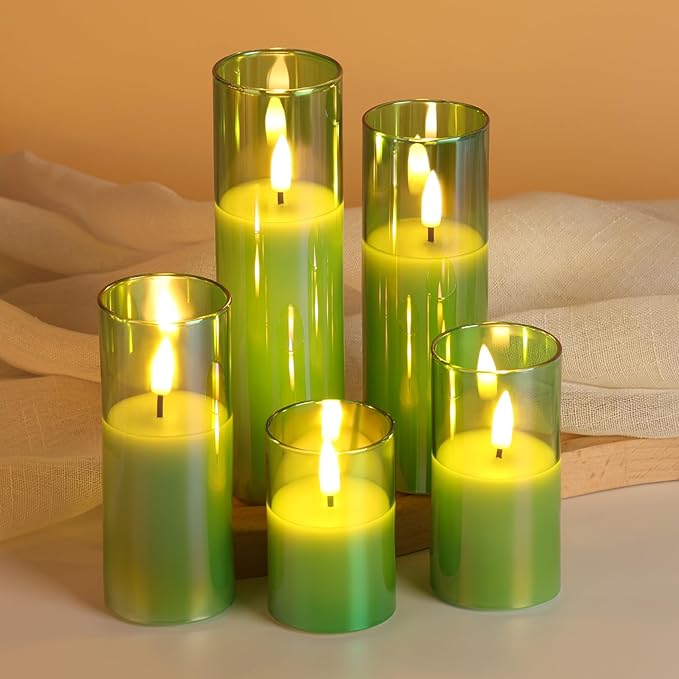 Green Christmas Glass Flameless Candles with Remote Batteries, Flickering Slim Tall LED Pillar Candles Set of 5