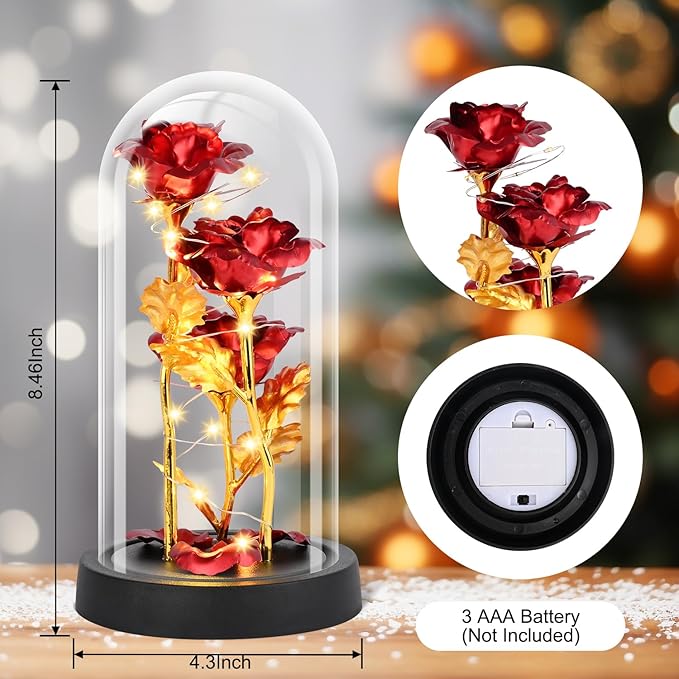 Christmas Rose Gifts for Women, Womens Gift for Christmas Birthday Gifts for Women Mom Wife Girlfriend, Light Up Rose in A Glass Dome, Rose Gifts for Valentines, Mothers Day, Womens Day (Red)