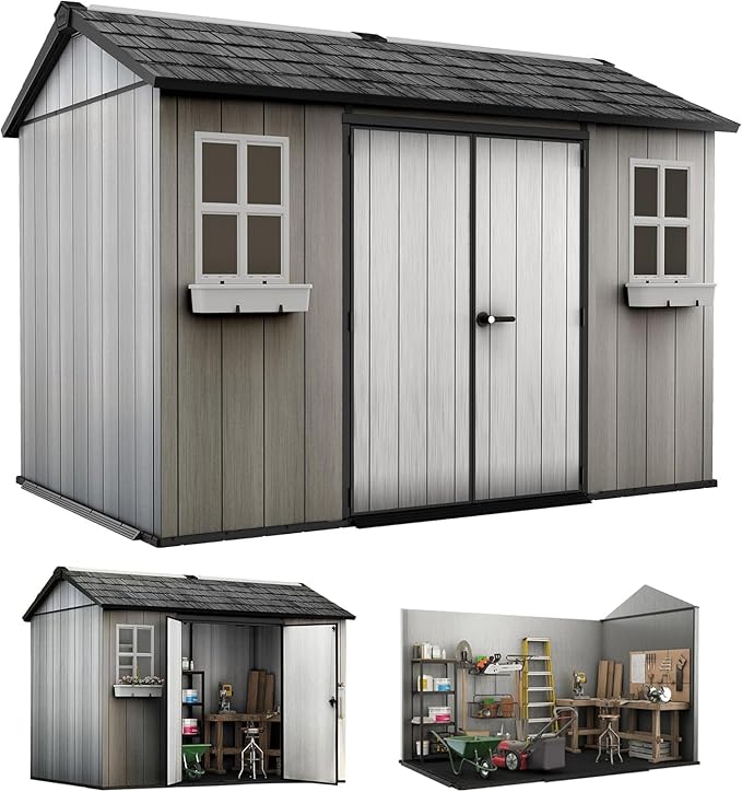 Outdoor Tool Shed 11 x 8.3 Foot Durable Resin Storage Lockable Door, and Ventilation, with Window Planter Boxes, for Garden, Home, Pool，Backyard, Grey