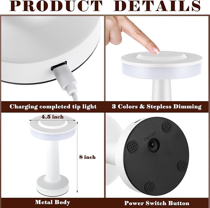 Riakrum 4 Pcs LED Portable Cordless Table Lamp with Touch Sensor 3 Color Stepless Dimming Rechargeable Battery up to 15 Hours Cordless Table Light Wireless Lamp for Nursery (White)