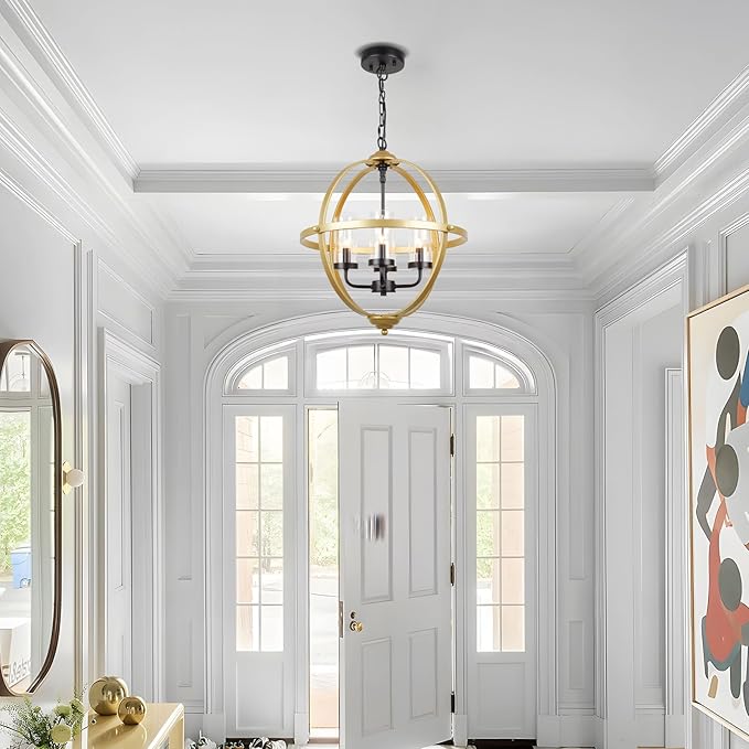 Treekee Chandelier Farmhouse Hanging Lighting, 4-Light Globe Orb Chandelier, Adjustable Modern Farmhouse Pendant Light Fixture for Dining Entryway Foyer, Gold