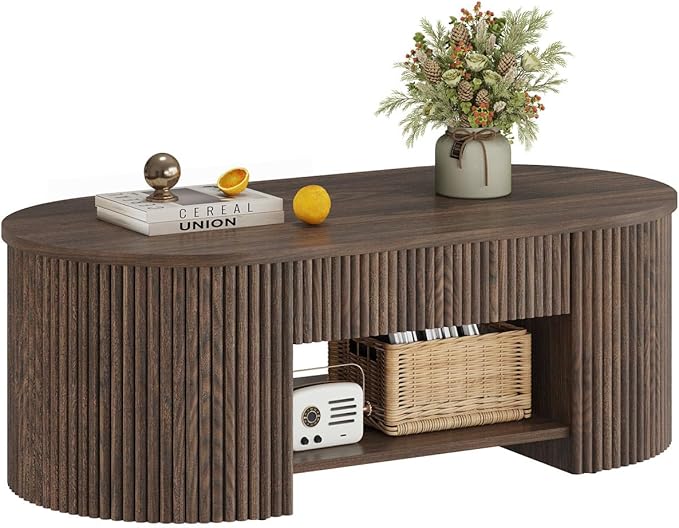 FATORRI Coffee Table with Storage, Mid Century Modern Wood Fluted Center Table with Shelf, Oval Coffee Tables with Drawer (Dark Walnut, 43.31 Inch)