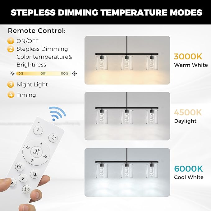 DORESshop 3-Light Chandelier for Dining Room Light Fixture Over Table, 31.3" Modern Black Chandelier with Glass Shades, Adjustable Hanging Pendant Lights Kitchen Island with Remote, 3CCT