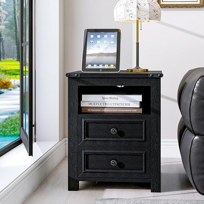 MUUEGM Farmhouse End Table with Charging Station, Side Table for Living Room, Sofa Side Table with Drawers and Storage Cabinet, Night Stand for Bedroom, Black, Set of 1