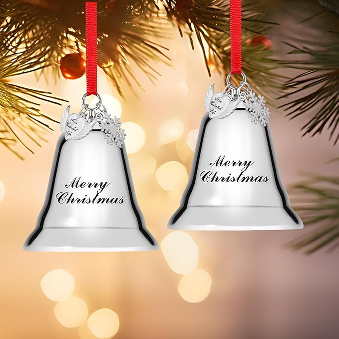 Styleonme Christmas Bell Ornament 2025 – Heart-Shaped Angel Wings with Snowflakes, Inspired by It's a Wonderful Life, Silver Holiday Decoration