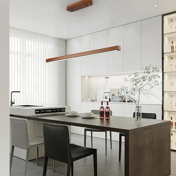 31.5" Wood Linear Pendant Light – Dimmable LED Chandelier with Remote, Adjustable Modern Farmhouse Lighting for Kitchen Islands, Dining Rooms & Bars Walnut Color (19W Energy-Efficient)