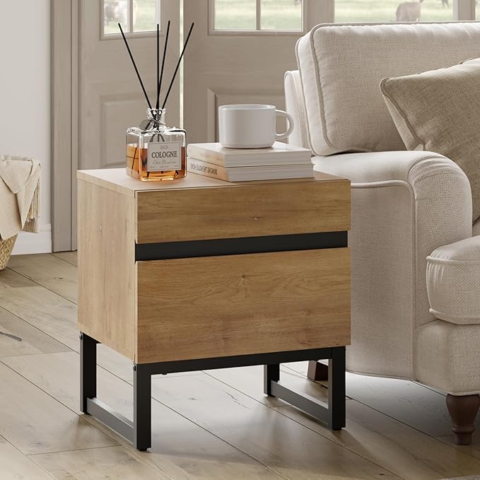 WAMPAT 2 Piece Modern End Table with 2 Drawers, Farmhouse Sofa Table, Wooden Rustic Side Sofa Table Metal Leg for Living Room, Nighstand for Bedroom, Oak