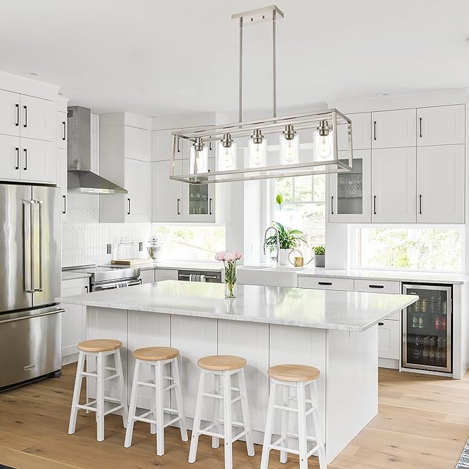 MELUCEE 5-Light Dining Room Lighting Fixture Hanging Brushed Nickel Modern Pendant Lighting Contemporary Chandeliers with Clear Glass Shade for Kitchen Island Living Room Bedroom