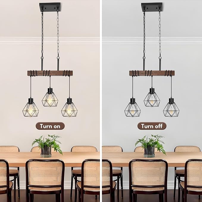 3-Light Kitchen Island Pendant Lighting Over Island - Adjustable Height Linear Chandelier for Dining Room with Diamond Shades, Farmhouse Black Metal & Rustic Wood Ceiling Light Fixture, E26 Base