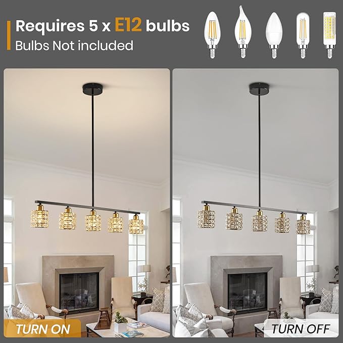 5-Light Linear Crystal Chandelier, Black and Gold Dining Room Light Fixtures Over Table, Adjustable Height Farmhouse Pendant Lights Kitchen Island for Dining Room