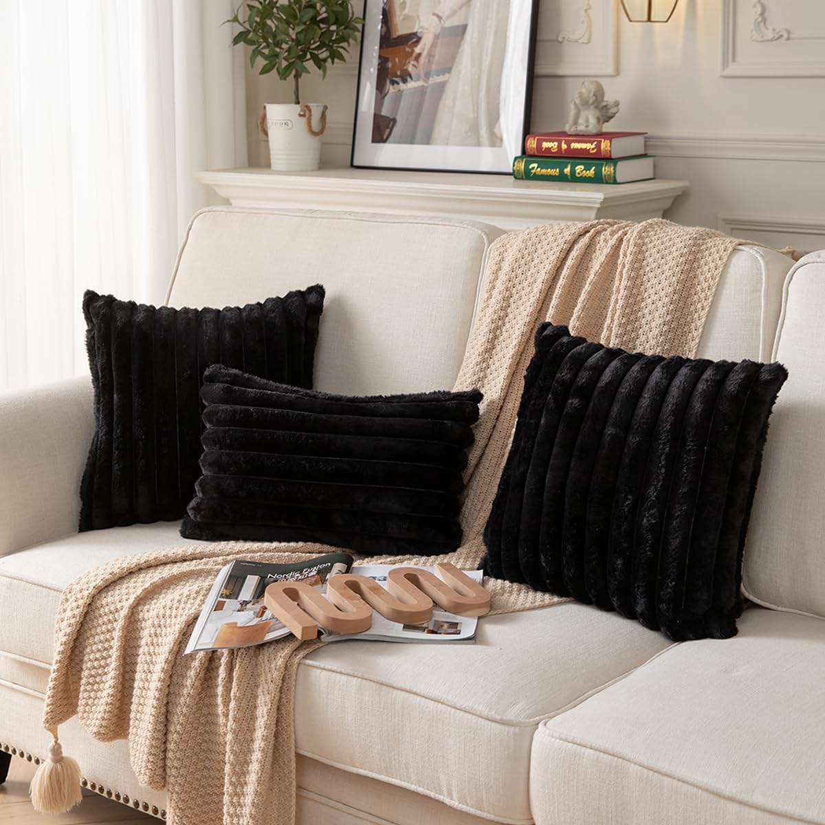DEELAND Pack of 2,Double-Sided Faux Fur Plush Decorative Throw Pillow Covers Fuzzy Striped Soft Pillowcase Cushion Covers for Sofa Couch Bedroom Black 22x22 inch