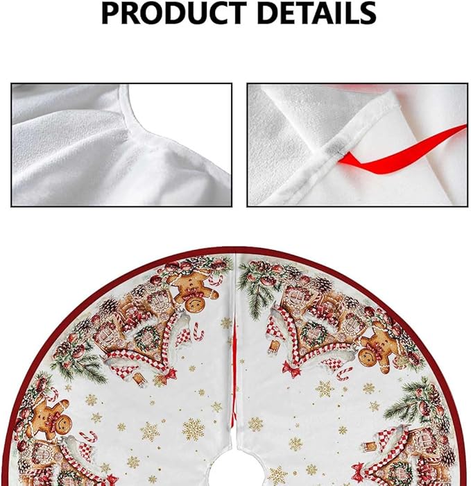 Christmas Tree Skirt 36Inches Christmas Gingerbread Sweet Candy Lollipop Xmas Tree Skirt Mat for New Year Holiday Christmas Party Red Gold Decorations (Red, 36in)