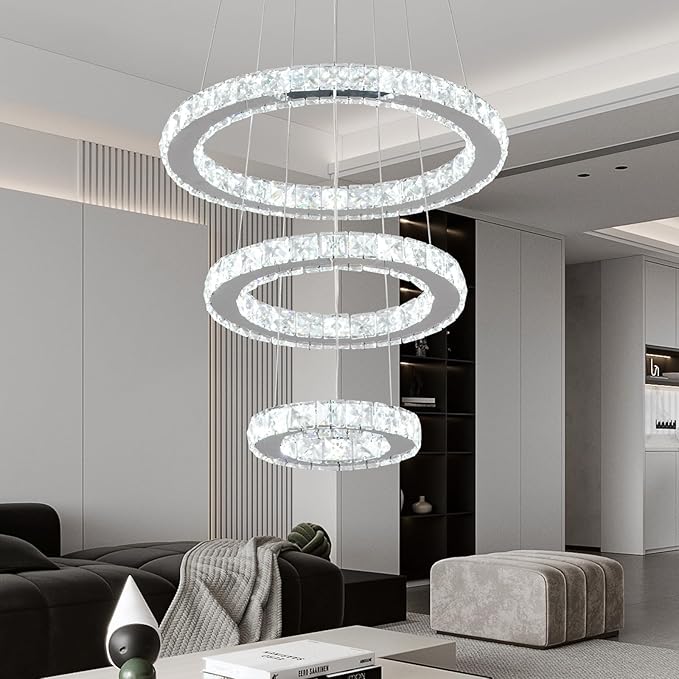 Buccleuch 3-Ring Crystal Chandelier, ETL-Listed Dimmable LED Pendant Light, Slope Ceiling Compatible Stainless Steel K9 Crystal Ceiling Light for Dining Room Bedroom Living Room, 6500K
