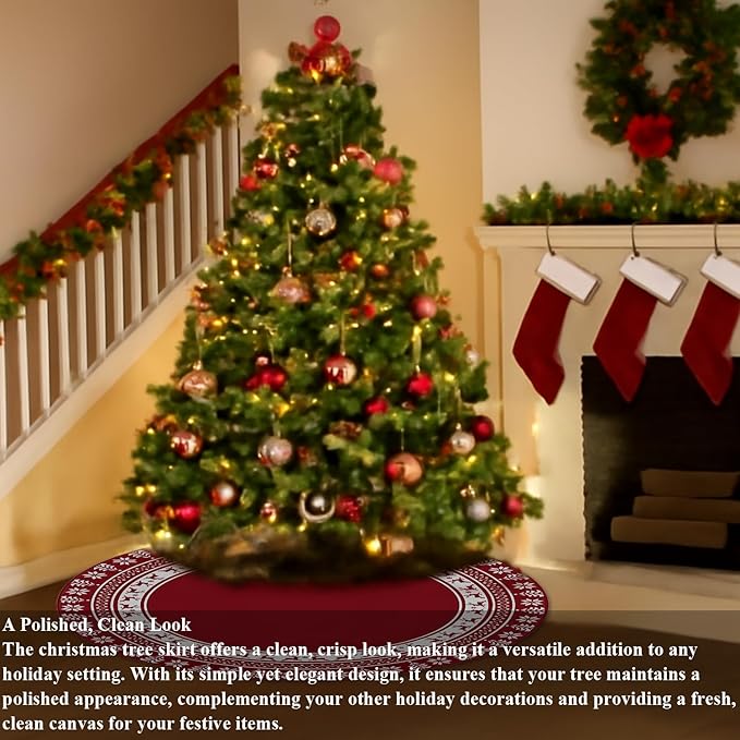 Christmas Tree Skirt 48 Inches | Red Xmas Tree Skirt with Rustic Snowflake & Reindeer Pattern, Fits 5 to 7 Foot Trees, Perfect Christmas Decorations for Holiday Trees.