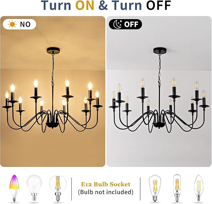 Black Farmhouse Chandeliers, 10 Light S-Arm Modern Candle Hanging Pendant Light, Industrial Rustic Metal Ceiling Kitchen Island Lights for Living Room, Entryway, Foyer, Bedroom, Dining Room