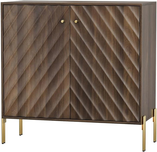 Sideboard Cabinet with Adjustable Shelf, Freestanding Walnut Buffet Cabinet with Storage, Wooden Storage Cabinet with Textured Diagonal Lines Doors for Living Room, Entryway, Console