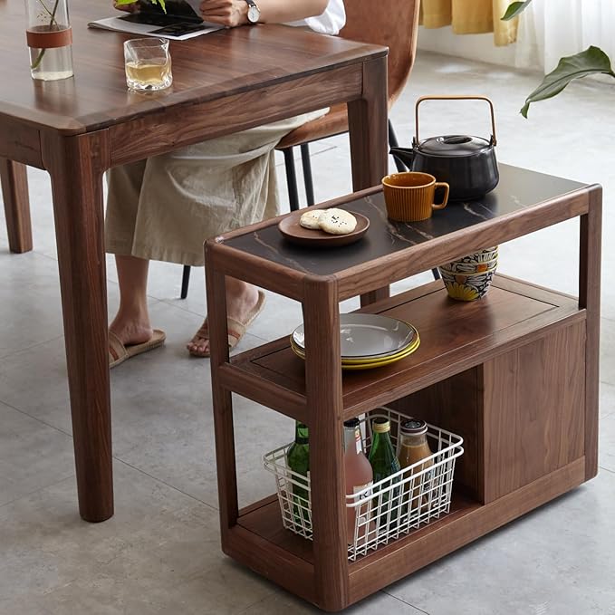 100% Solid Wood Side Table with Wheels, Narrow Side Table with Storage Drawers, Rolling Bedside Table for Bedroom Living Room Space Saving (Walnut, 11.81" D x 26.77" W x 23.23" H)