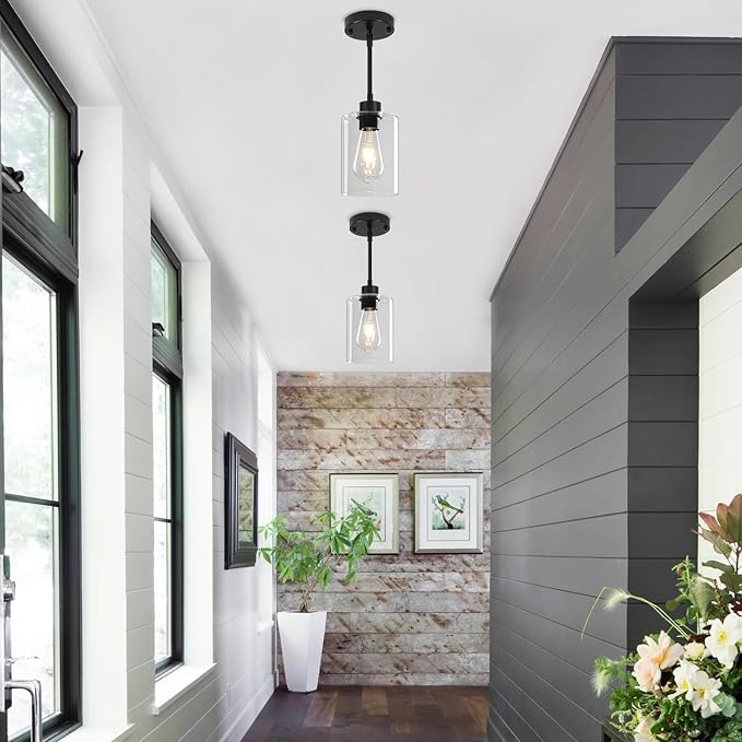 3 Pack Glass Pendant Lights Kitchen Island, Modern Black Pendant Lighting Over Island Hanging Light Fixtures Kitchen Ceiling Lamp Farmhouse Mini Chandeliers for Hallway Entryway Bedroom Dining Room