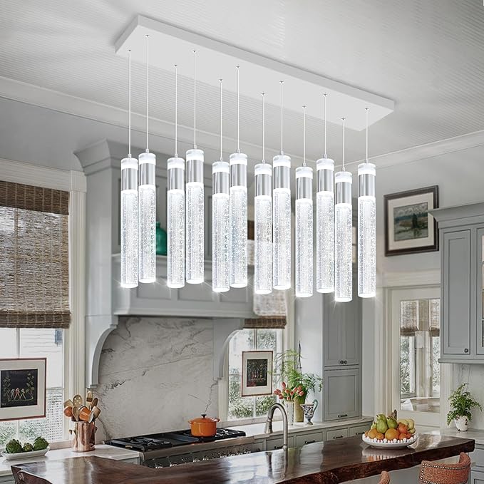 Glam Rectangular Crystal Column Chandelier for High Ceiling 12-Lights Silver LED Dimmable Pendant Light for Kitchen Island Dining Room Entrance Foyer Living Room Adjustable Height